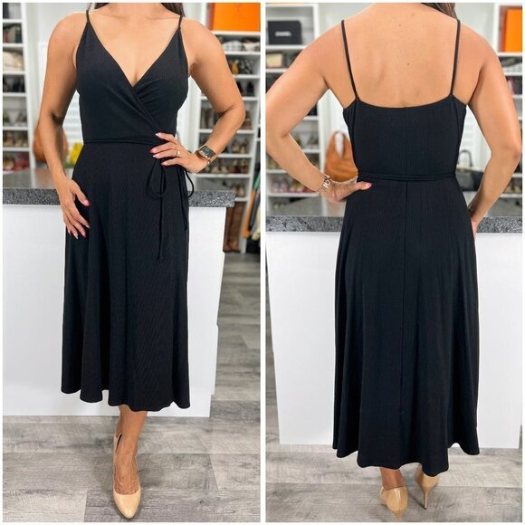 Reformation Black V-Neck Ribbed Midi Dress $128 - Picture 1 of 14